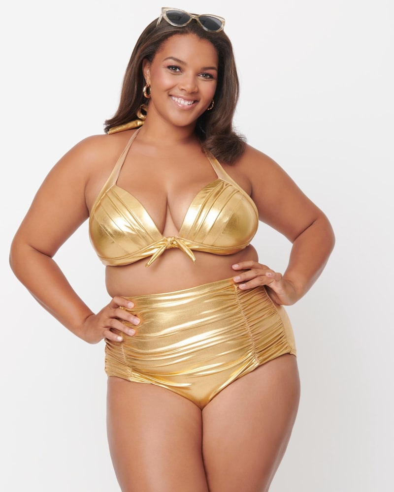 Front of a model wearing a size 3X Unique Vintage Gold Monroe High Waist Swim Bottom in Metallic by Unique Vintage. | dia_product_style_image_id:289211